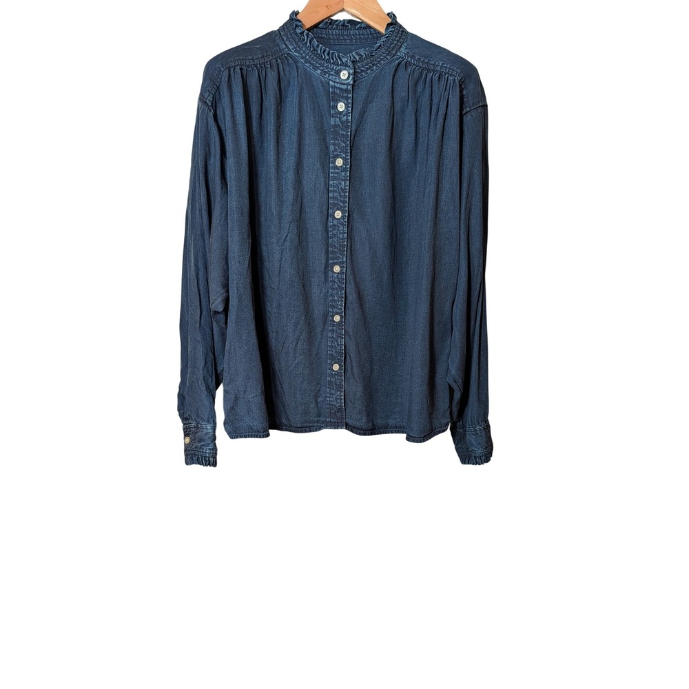 Loft Womens Large Blue Lyocell Ruffle Neck Button Front Blouse Dark Wash Top